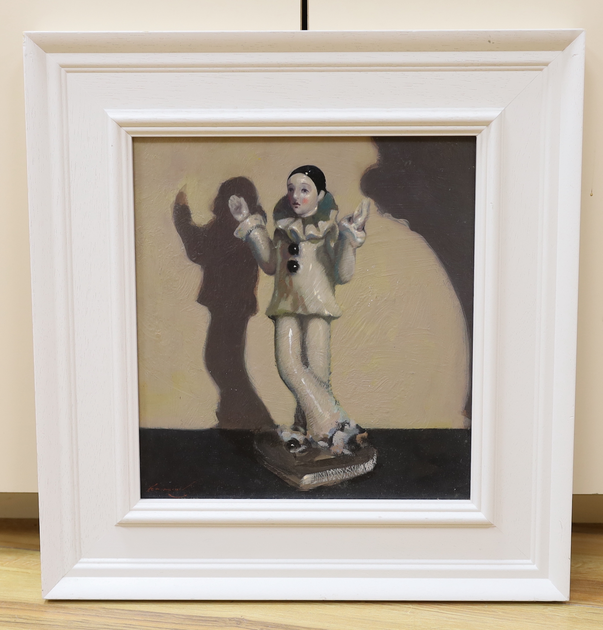 Ken Moroney (1949-2018), oil on board, Study of a Pierrot figurine, signed with Studio stamp verso, 31 x 29cm